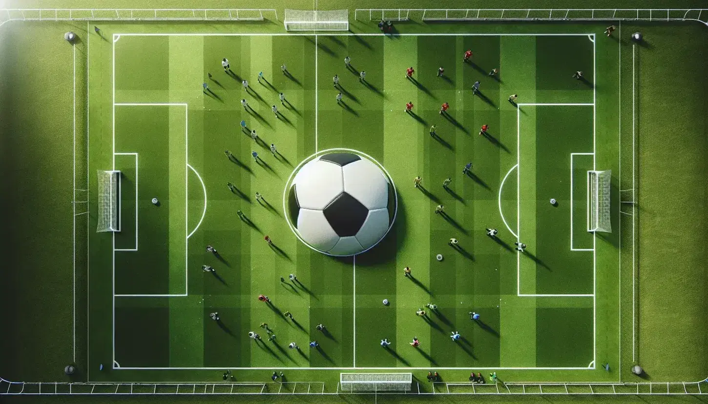Vista aérea de campo de fútbol con césped verde, líneas blancas, balón clásico en el centro y jugadores en uniformes contrastantes listos para el juego.