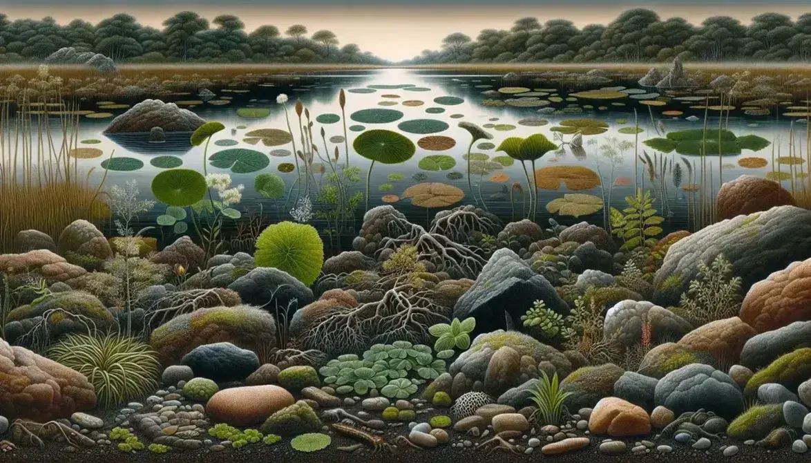 Paisaje natural con rocas, plantas verdes, árboles frondosos y un estanque con nenúfares reflejando el cielo nublado.