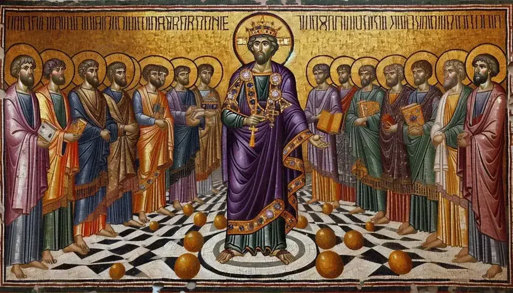 Mosaico bizantino ben conservato con figura centrale in tunica porpora e diadema, circondata da uomini con aureole, alcuni in armatura, altri con oggetti simbolici.