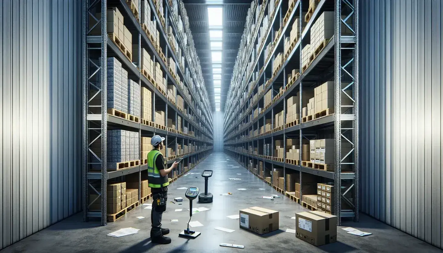 Warehouse interior with shelving units stocked with colorful boxes, a worker in safety gear scanning inventory, and signs of disorganization on the floor.