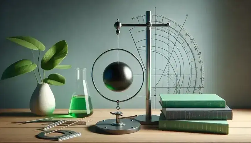 Scientific workspace with a Foucault pendulum, beakers, textbooks, protractor, compasses, and a potted plant on a wooden desk.