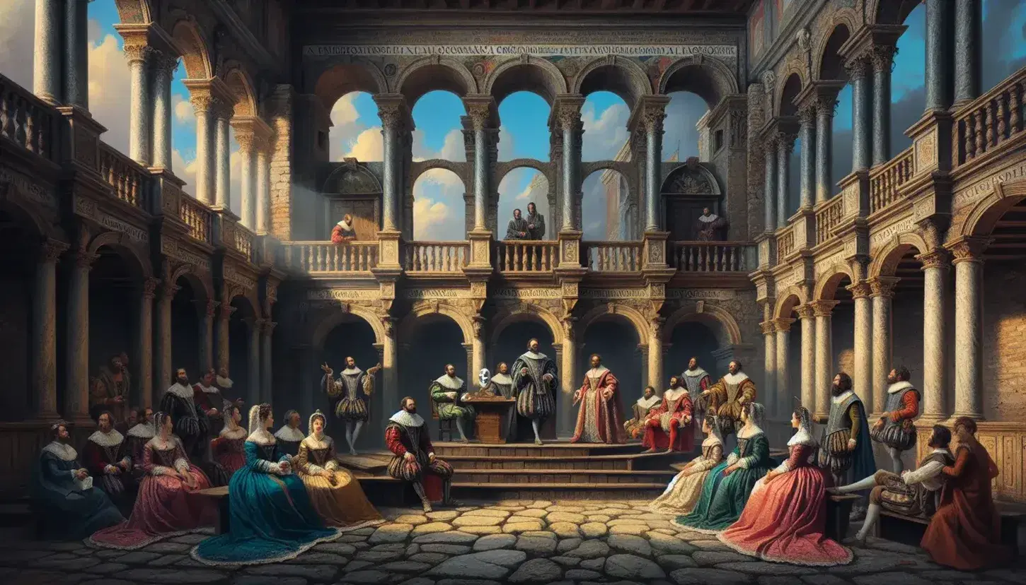 Teatro rinascimentale con attori in costume su palco in legno, colonne marmoree, spettatori su panche e tavolo con libri antichi.