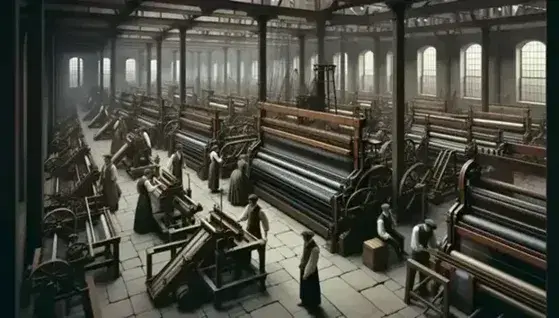 Escena de trabajo en fábrica textil de la Revolución Industrial con operarios entre telares de madera y metal, iluminada por luz natural.