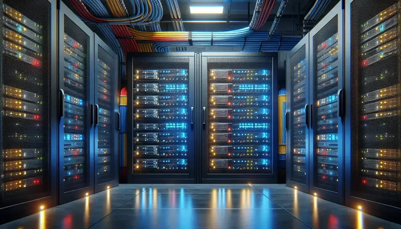 Modern data center with rows of black servers illuminated by blue LEDs, neat red and yellow cables and reflective floor.