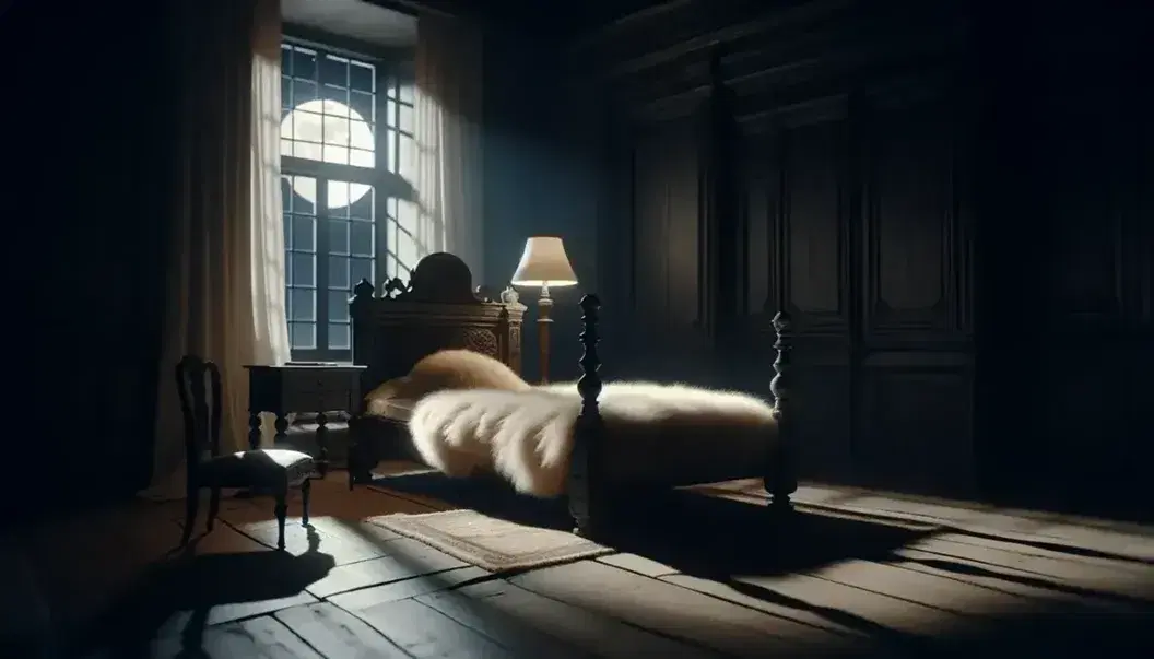 Escena nocturna en habitación iluminada por luna con cama antigua, cojín crema, mesita y silla clásica, sin personas.