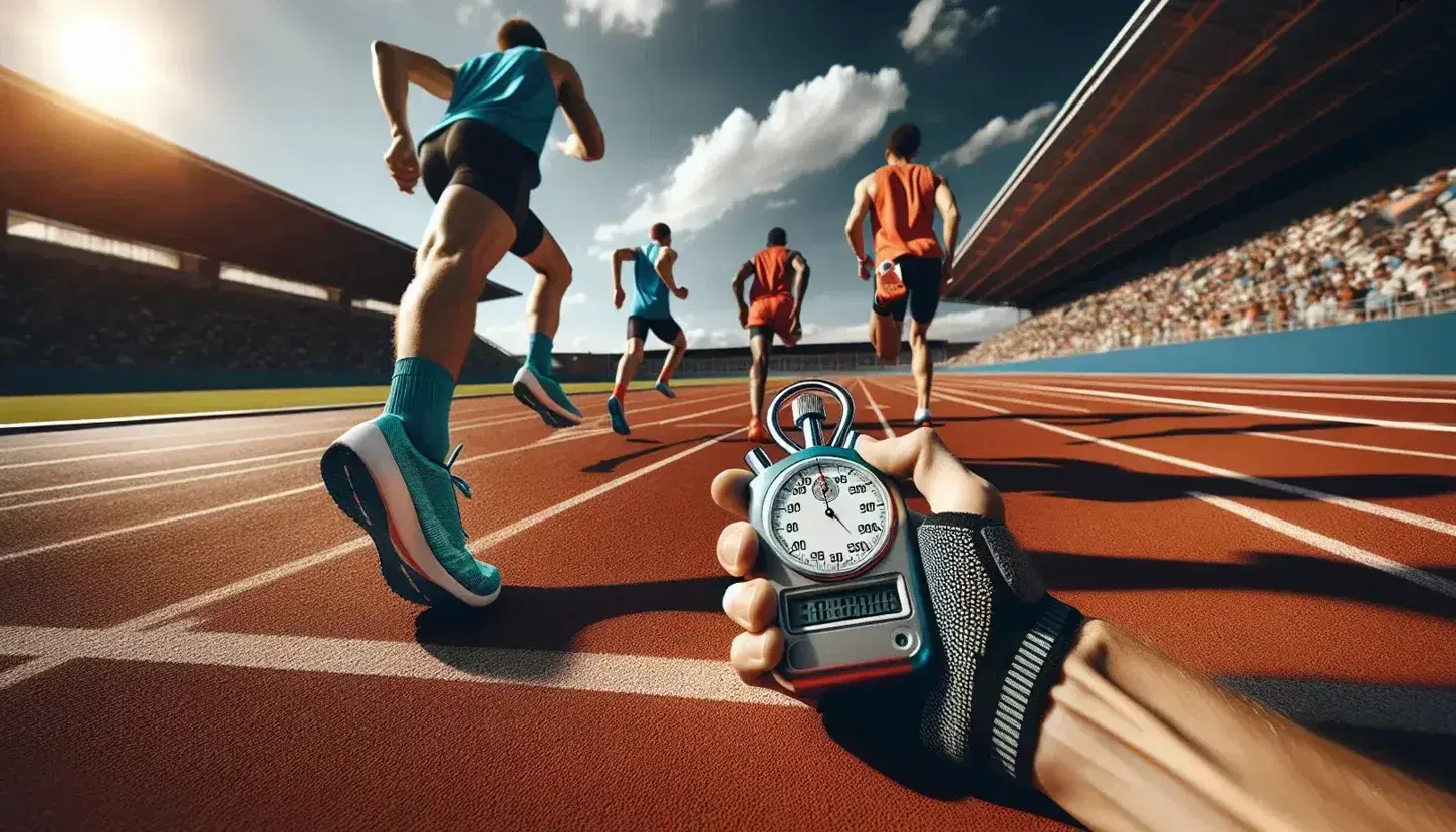 Cronómetro en primer plano con botón rojo y atletas compitiendo en pista de atletismo en día soleado, reflejando intensidad y concentración en sus uniformes coloridos.
