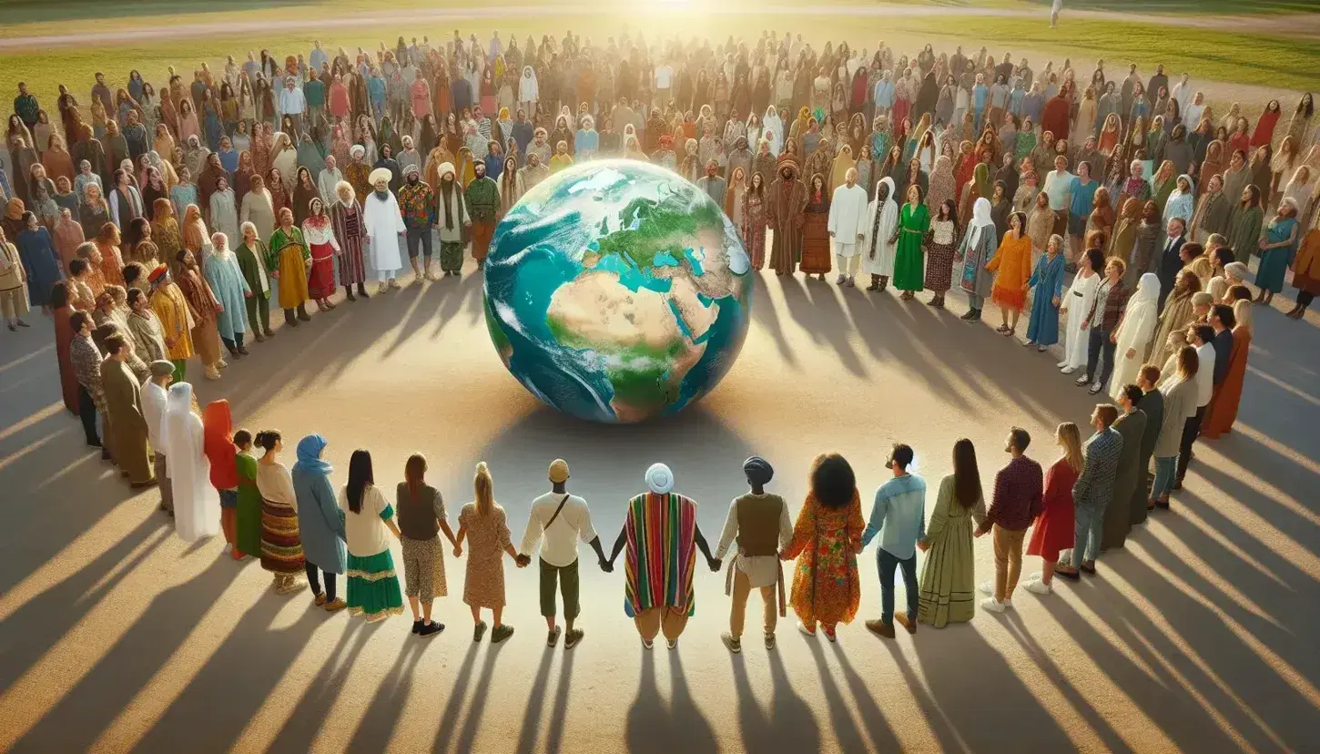 Grupo diverso de personas de distintas culturas tomadas de las manos alrededor de un globo terráqueo, representando unidad global bajo una luz natural.