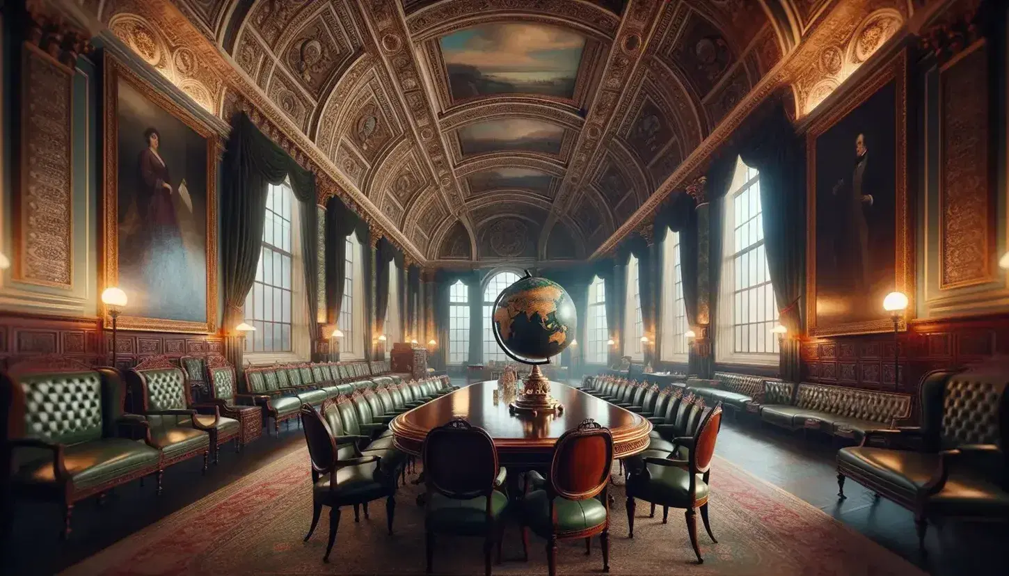 Elegant 19th-century British government room with high ceilings, oval wooden table, green leather chairs, globe centered on the British Isles, and red velvet curtains.
