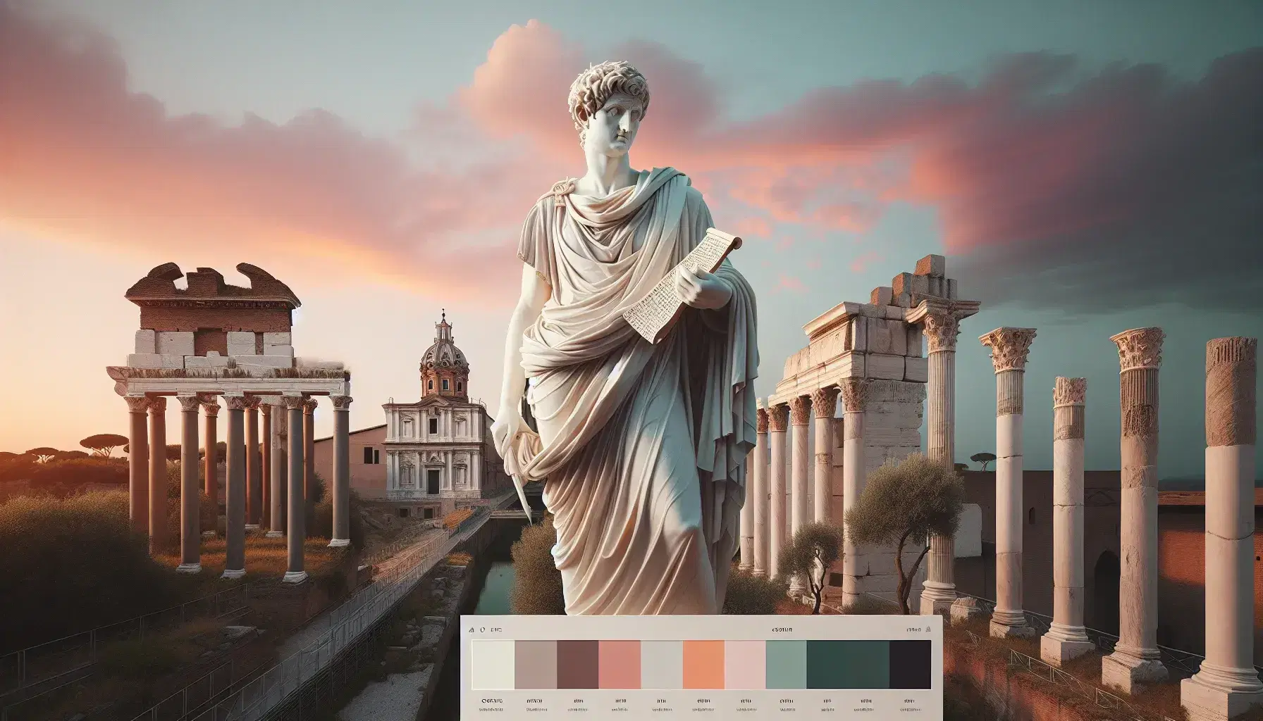 Statua marmorea di Ovidio con toga e rotolo di papiro, su sfondo di rovine romane al tramonto, evocando la sua eredità poetica.