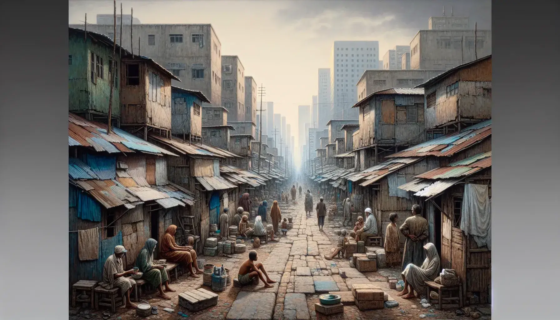 Aged urban scene with dirt road, metal and wooden shelters, people in used clothes and blurred skyscrapers in the background.