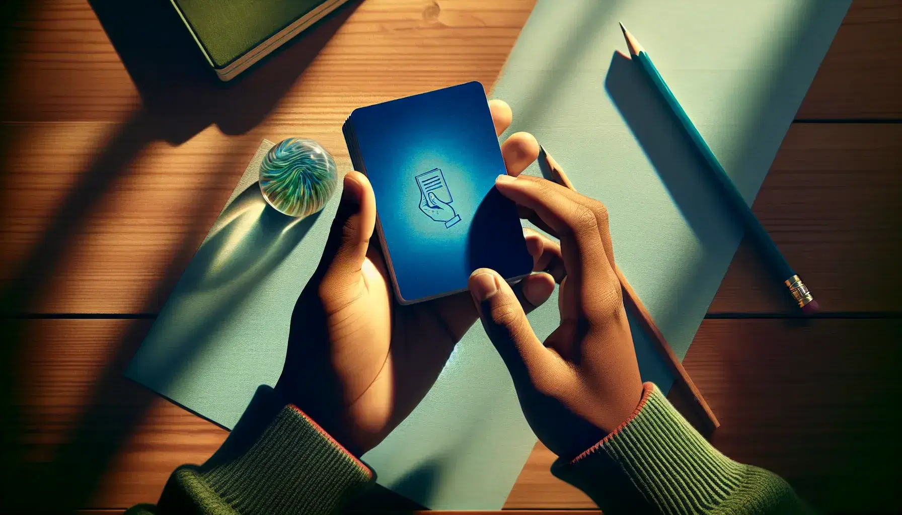 Student's hands holding blue flashcards above a wooden desk with a pencil, closed green notebook, and a glass paperweight with green and blue swirls.