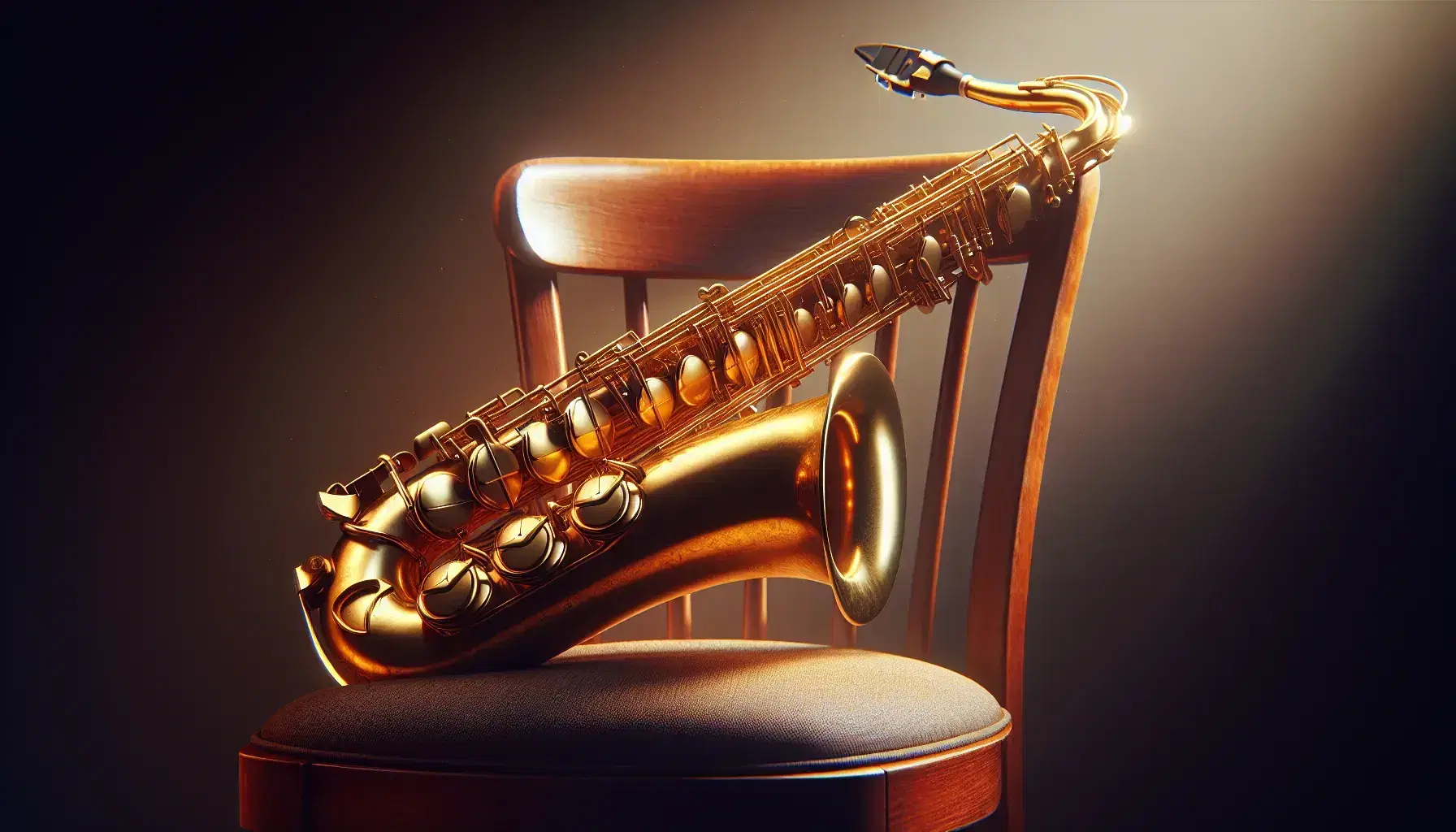 Golden saxophone with intricate keys on a dark mahogany wooden chair, set against a softly blurred warm-toned background.