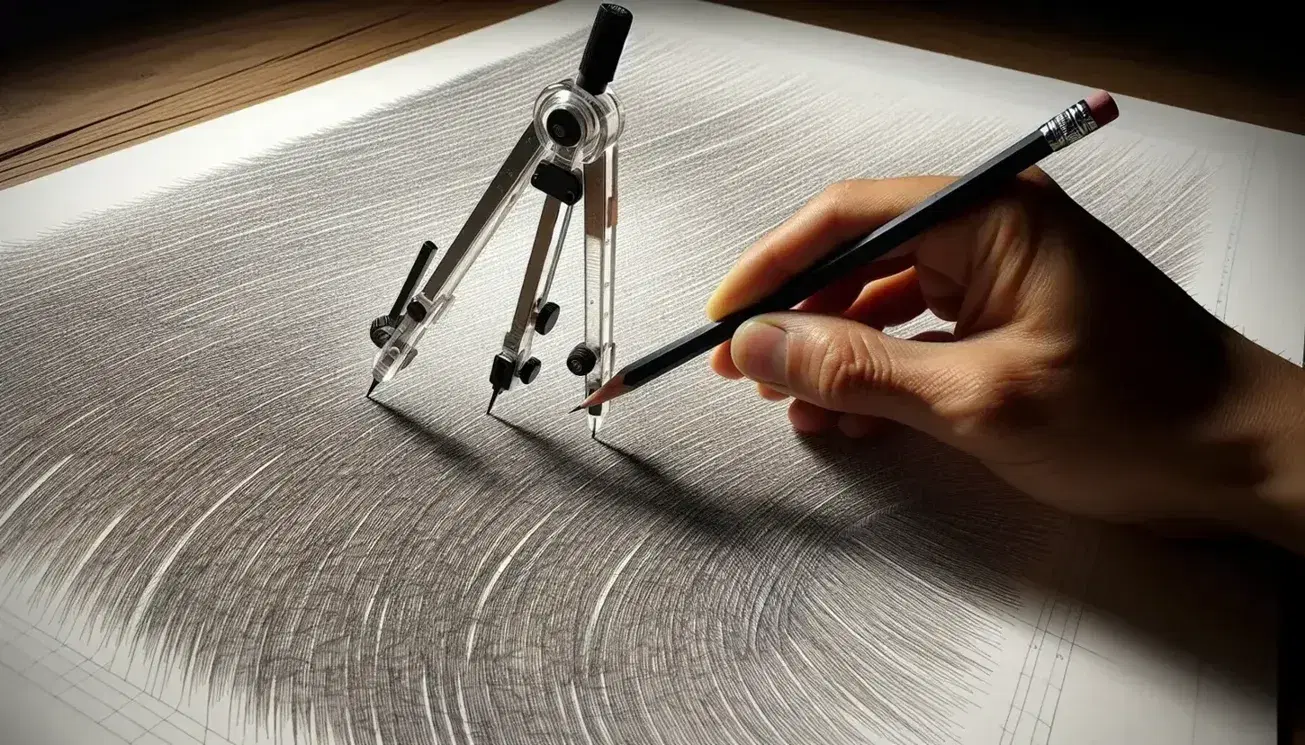 Hand holding a drawing compass over paper with random pencil line segments, ready to draw an arc, on a wooden table with soft lighting.