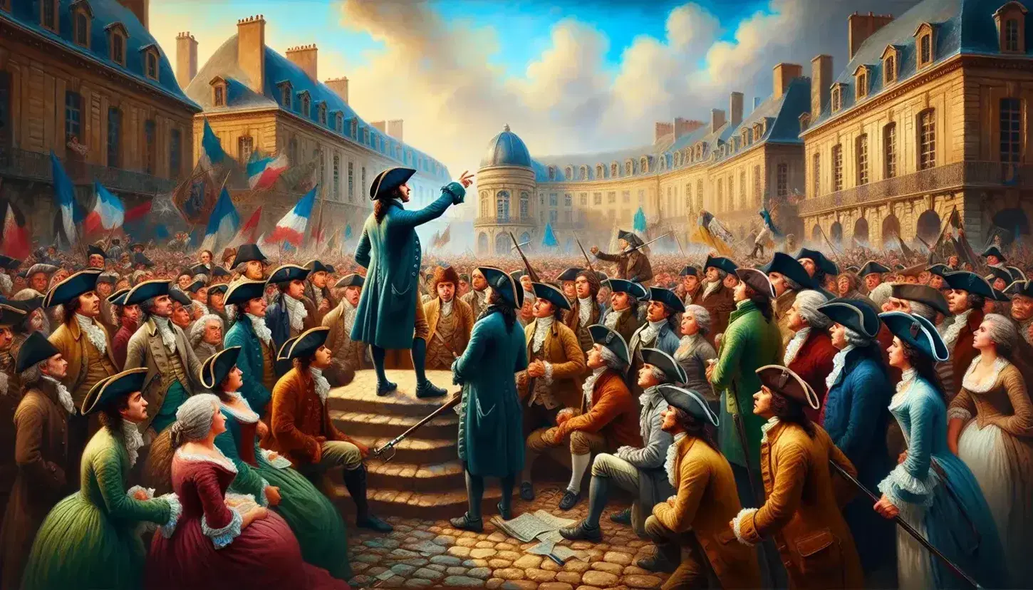 Scena vivace di piazza durante la Rivoluzione Francese con cittadini ascoltando oratore appassionato, edifici storici sullo sfondo e giovane soldato in primo piano.