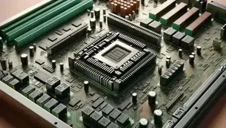 Close-up of a motherboard with CPU under heatsink, black fan, memory modules and various electronic components.
