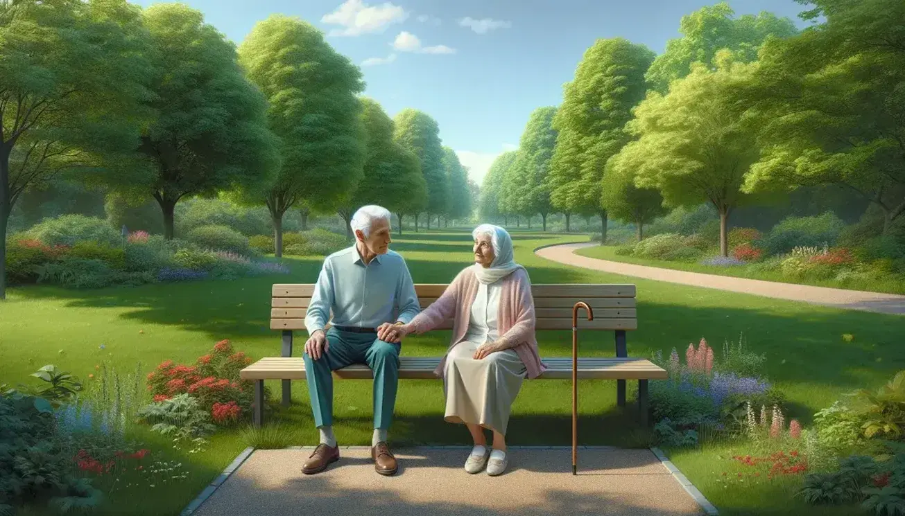 Elderly couple sitting on a bench in a green park, man in a blue shirt and woman in a pink cardigan, leaning wooden stick, clear sky.