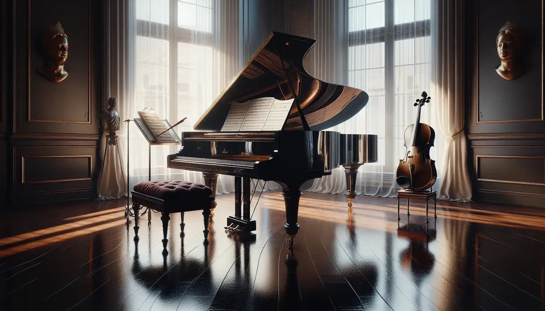 Pianoforte a coda nero lucido con spartito aperto, violino su sgabello rosso e statuetta bronzea in una stanza illuminata naturalmente.
