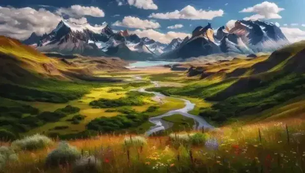 Paisaje natural con montañas, río serpenteante, prado verde con flores silvestres y costa marina bajo un cielo azul con nubes dispersas.