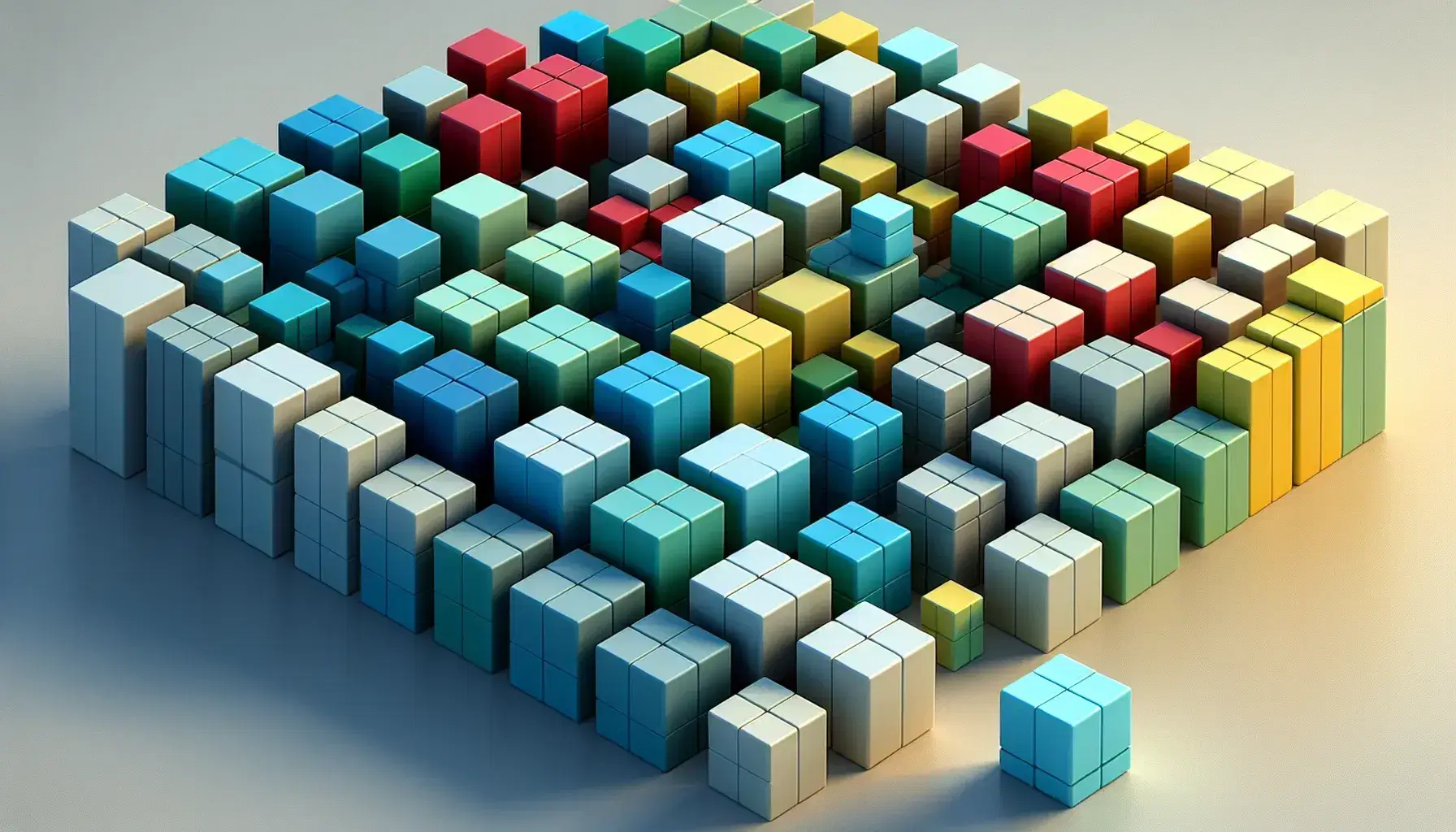 Cubos tridimensionales en tonos de azul, verde, rojo y amarillo organizados en patrón de rejilla con un cubo azul claro destacado en primer plano.