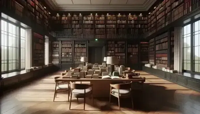 Biblioteca espaciosa con estanterías de madera oscura llenas de libros, mesa central con libros abiertos y sillas a su alrededor, ventana grande que ilumina el suelo de parqué.