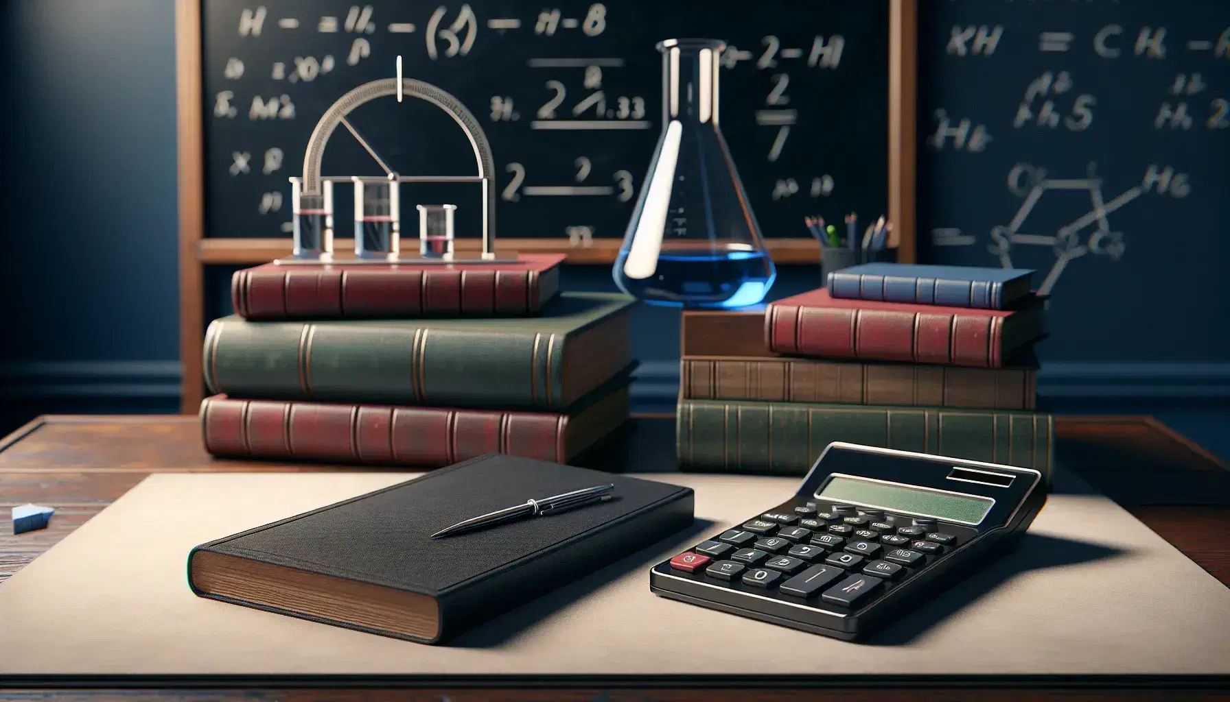 Scientific study setup with calculator, stack of red, blue, green books, beaker with blue liquid, protractor on paper, and compass on blackboard.