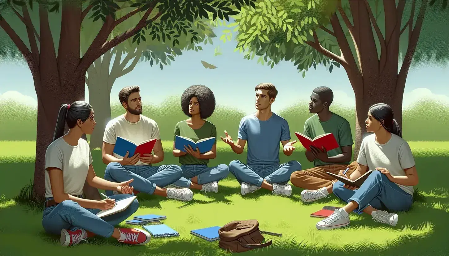 Grupo diverso de cinco personas sentadas en el césped interactuando y tomando notas bajo un árbol en un día soleado.
