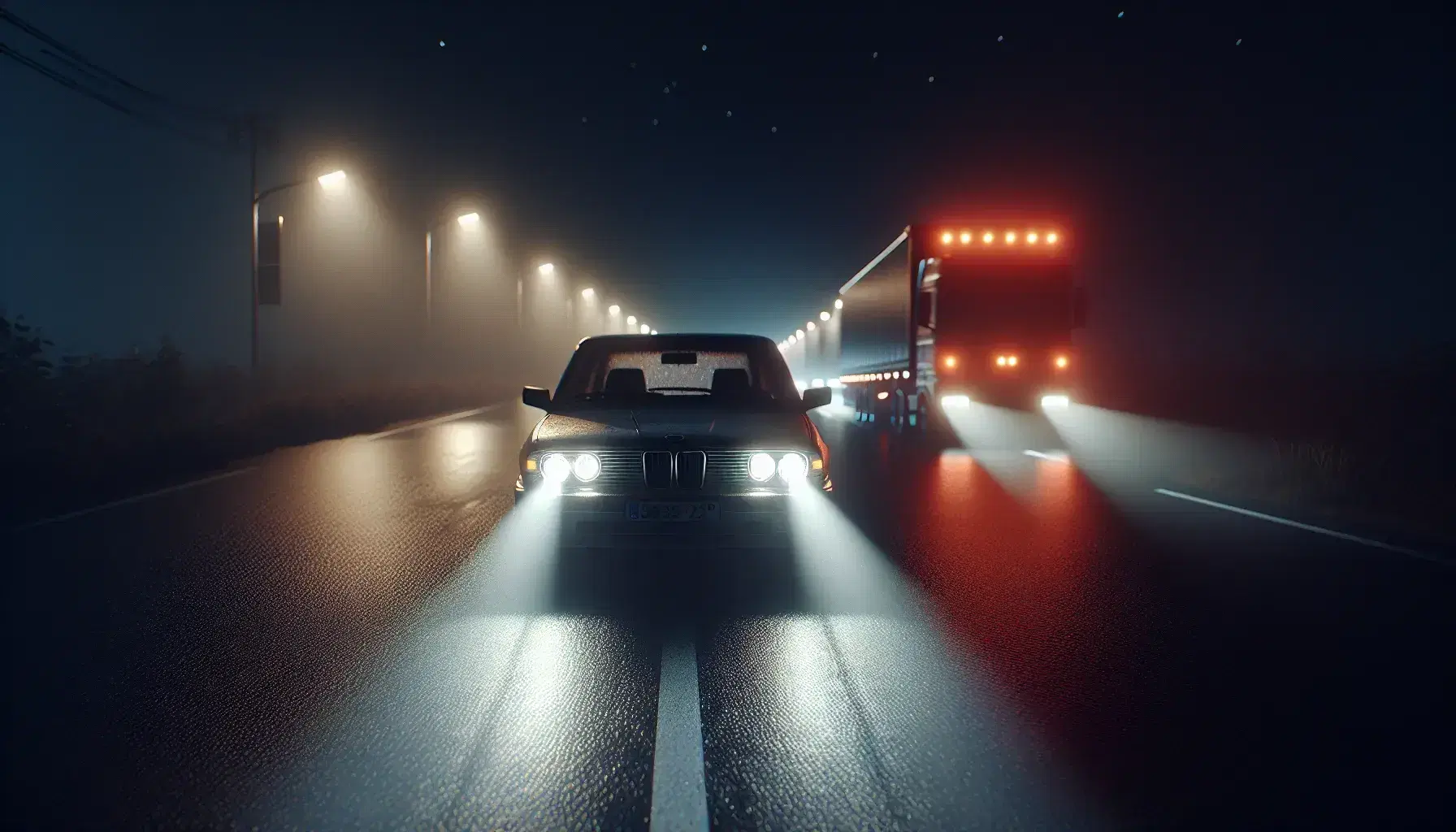 Auto parcheggiata su strada asfaltata di notte con fari accesi che illuminano la via e coda di un rimorchio visibile a destra.