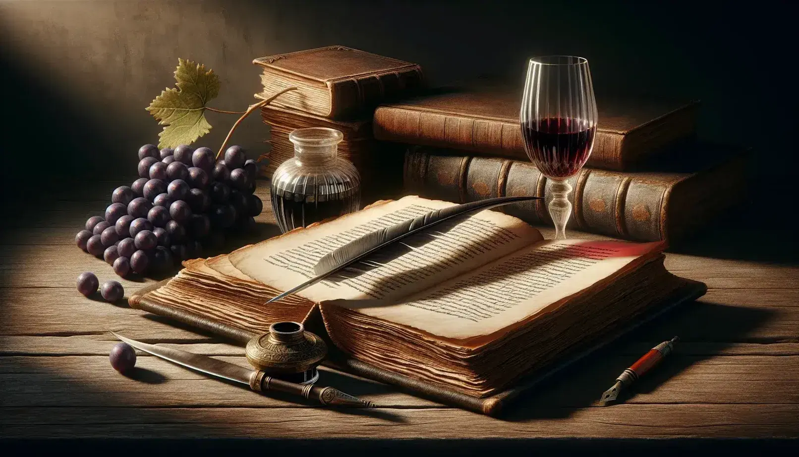 Antique open book on wooden table with yellowed pages, beside a quill and brass inkwell, with a glass of red wine and grapes in the background.