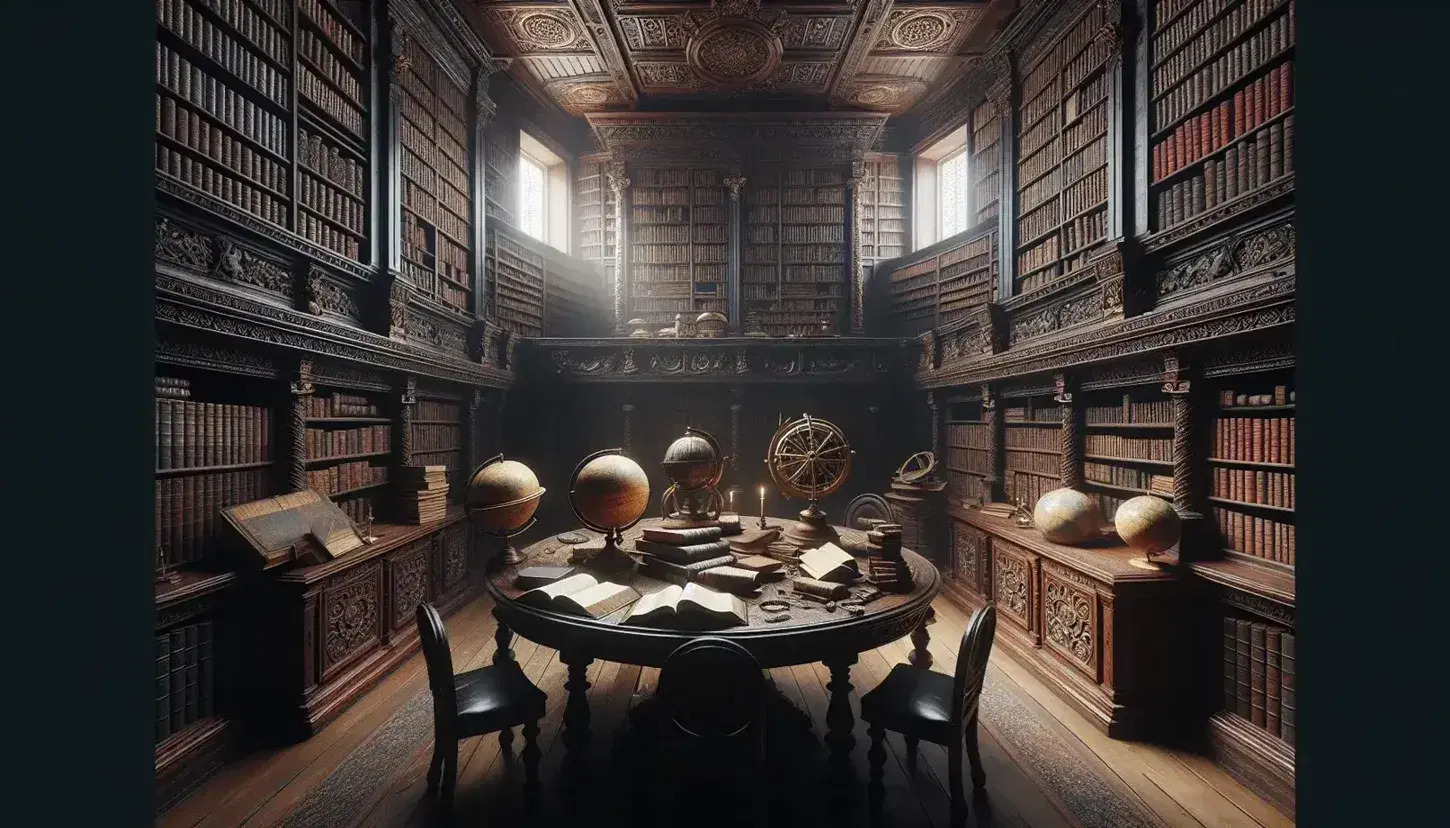 Biblioteca antica con scaffali in legno scuro pieni di libri, tavolo ovale con globi e strumenti di navigazione, luce soffusa.
