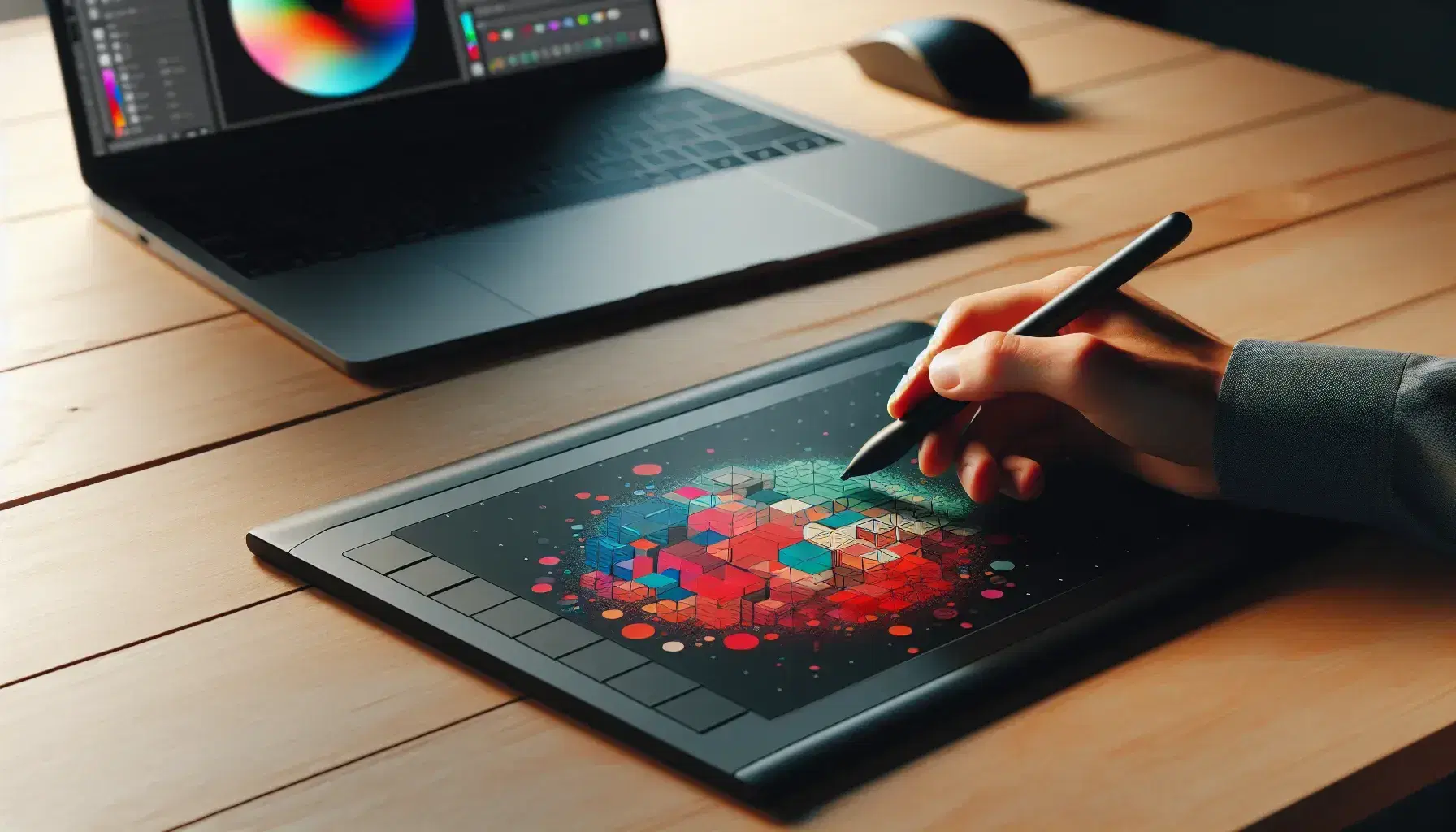 Mano sosteniendo un lápiz óptico sobre una tableta gráfica con diseño de formas geométricas coloridas en la pantalla, teclado inalámbrico al lado y portátil con paleta de colores al fondo.