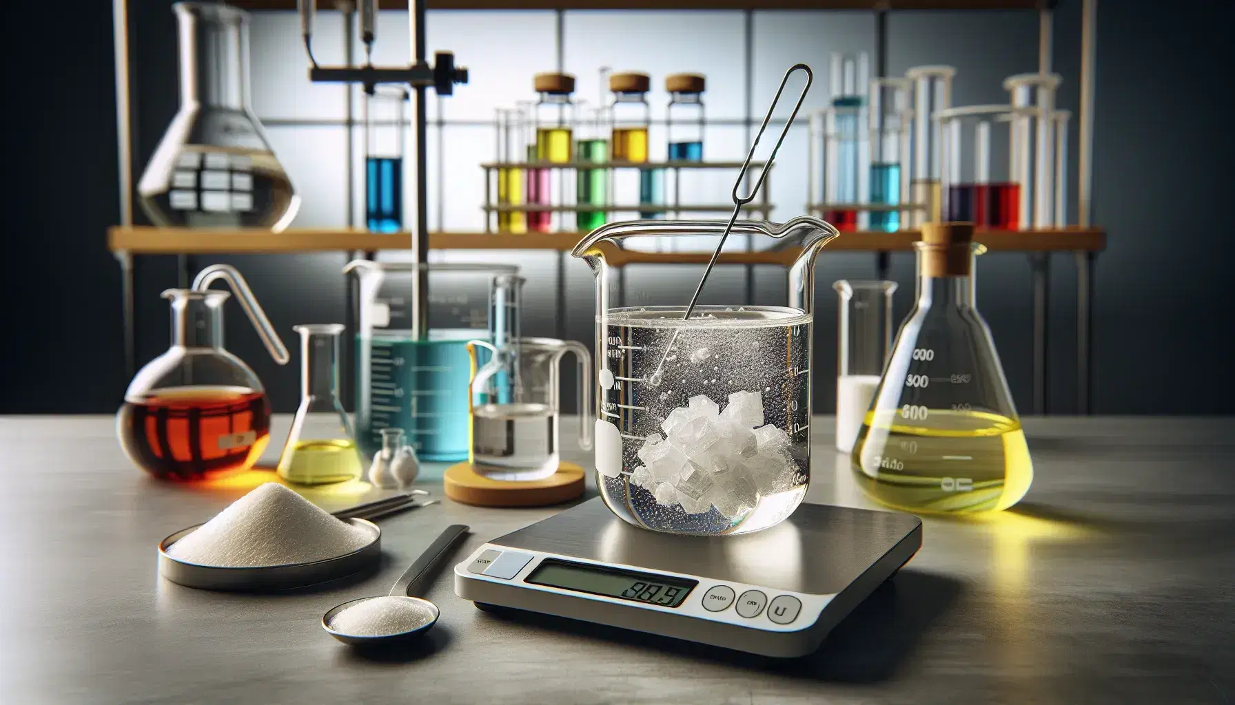 Laboratorio de química con experimento de disolución, beaker con líquido incoloro y sólido blanco, balanza digital y frascos de colores en estante.