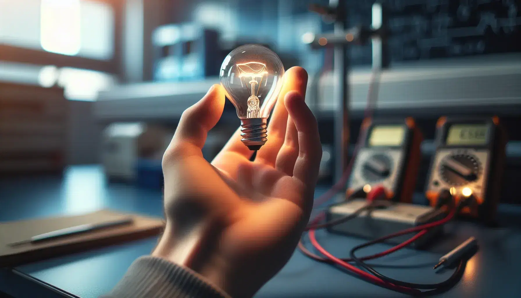 Mano che tiene una piccola lampadina incandescente accesa in un laboratorio sfocato con strumenti elettrici.