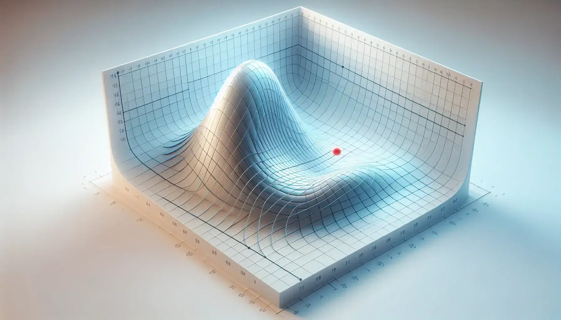 3D graph with a gray undulating constraint surface, blue contour lines indicating function levels, and a red dot marking the optimization point.
