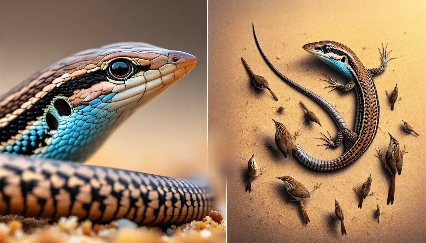 Close-up of a female whiptail lizard on sandy background with courting fairy-wren birds on blurry branch.