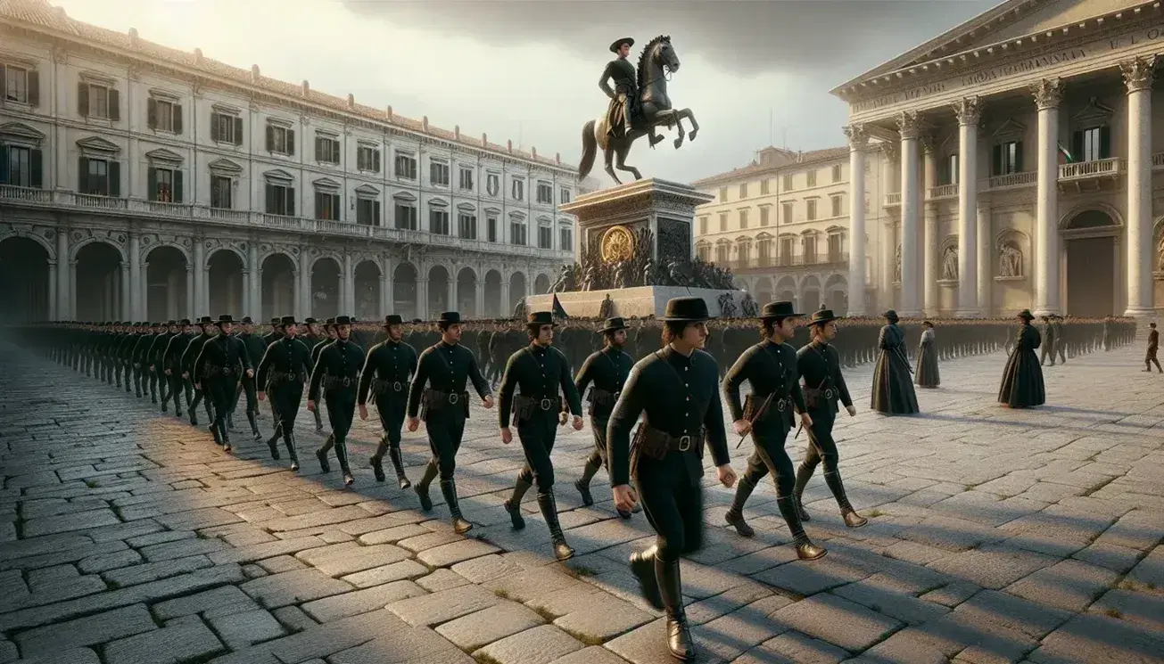 Piazza italiana anni '20 con uomini in uniforme nera marciando, statua equestre al centro, edifici storici circostanti e cittadini in abiti d'epoca.