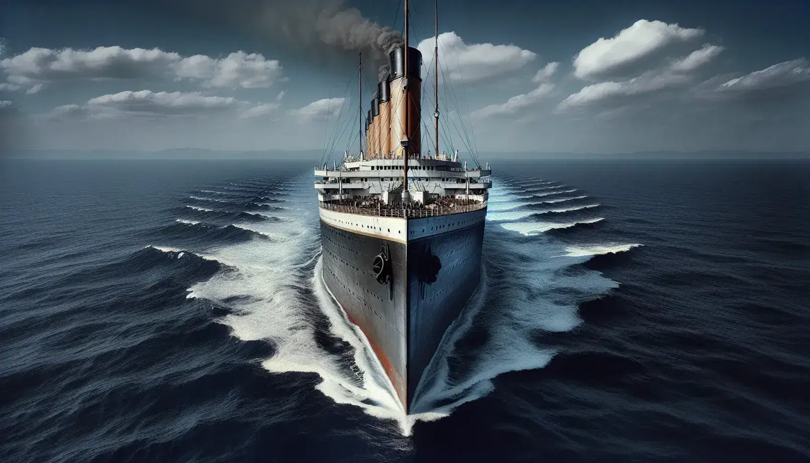 Vista en perspectiva del RMS Titanic navegando en el océano, con cuatro chimeneas y estela blanca en aguas azules bajo cielo despejado.