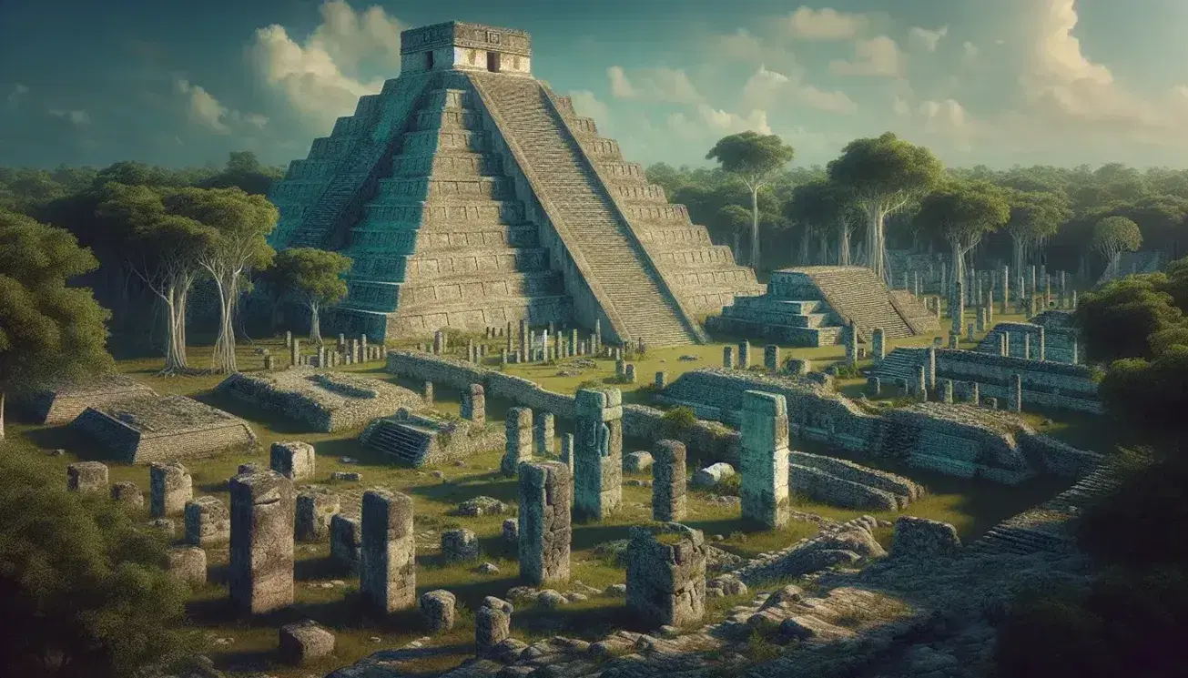 Ruinas de una ciudad maya antigua con pirámide escalonada central y estructuras menores rodeadas de vegetación densa bajo un cielo azul.