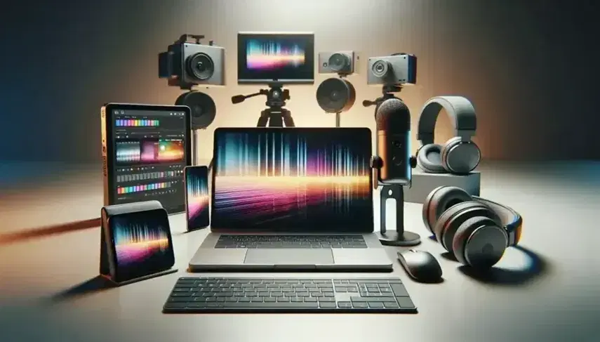 Conjunto de dispositivos electrónicos modernos con laptop abierto, smartphone, tablet, micrófono condensador y auriculares sobre superficie clara, cámara digital al fondo.