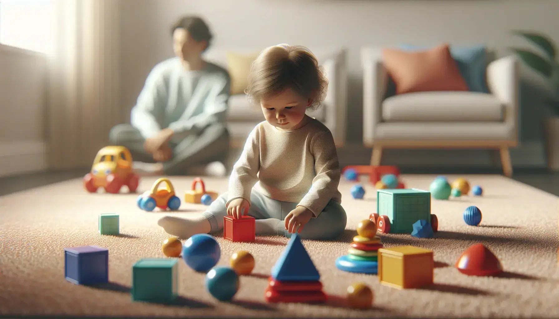 Small child plays on beige carpet with colorful toys, geometric shapes and green toy car, adult blurred in background.