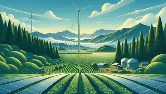 Paisaje natural con campo de cultivo en primer plano, paneles solares, molino de viento moderno, árboles frondosos y montañas nevadas al fondo bajo cielo azul.