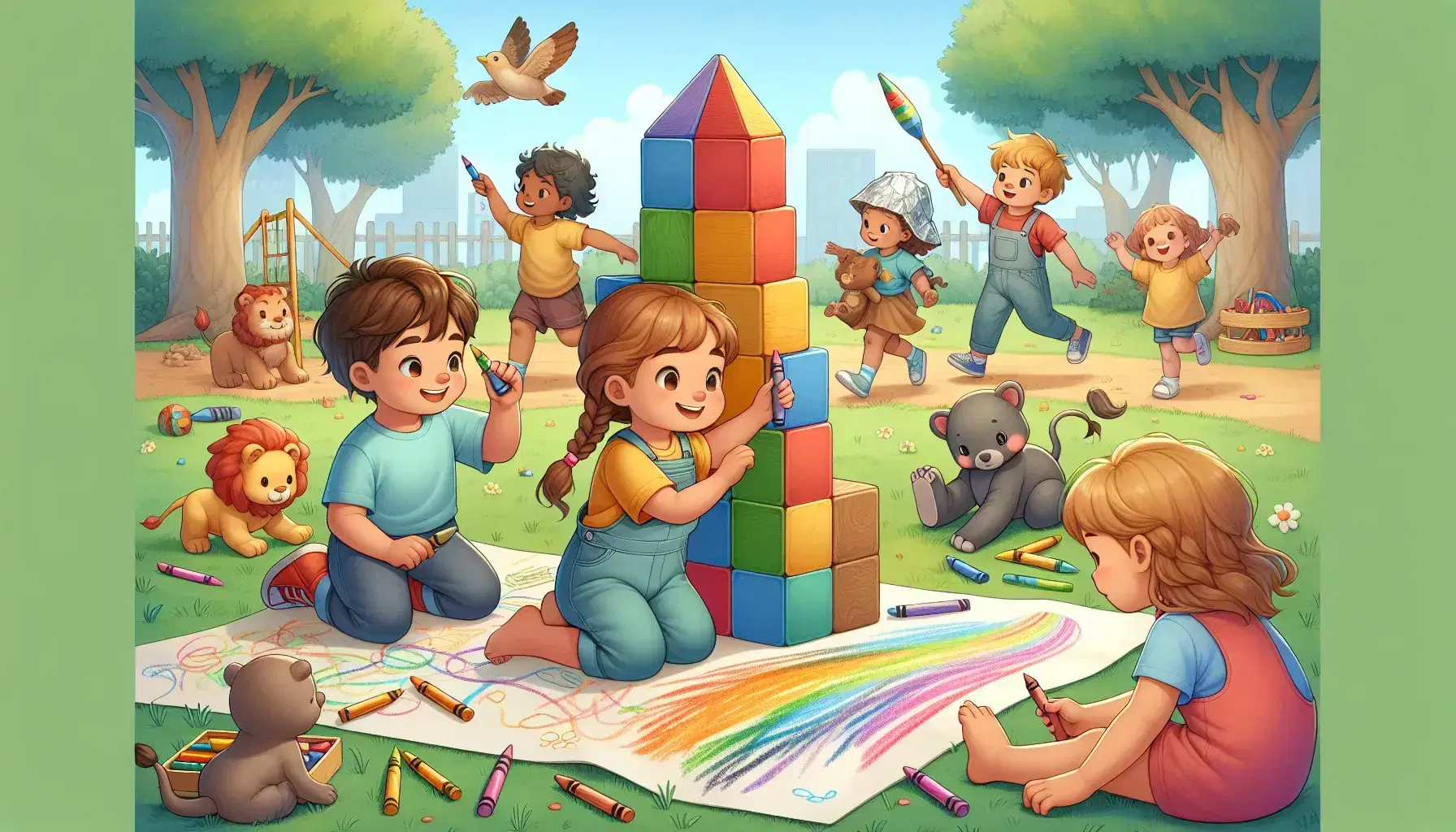 Niños jugando en un parque soleado, uno construye una torre de bloques y otro dibuja, mientras dos más juegan a superhéroes y otro con animales de plástico.