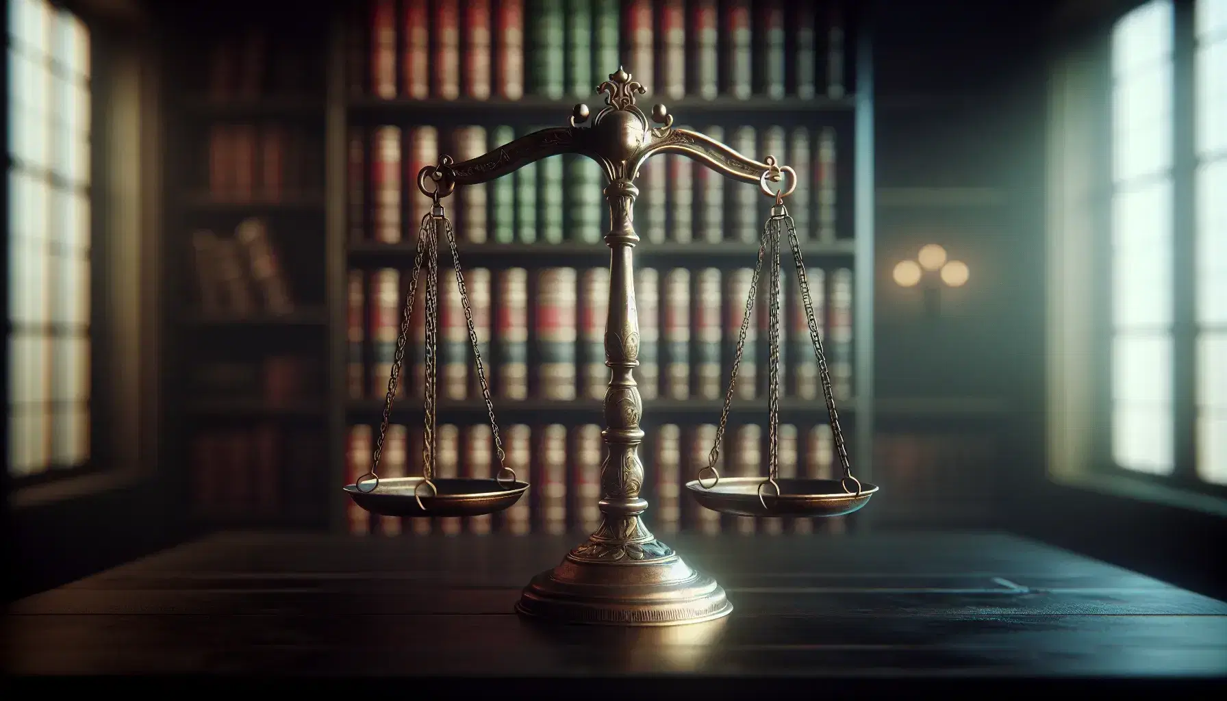Balanza de justicia de bronce en equilibrio sobre mesa de madera oscura, con fondo borroso de estanterías con libros encuadernados.