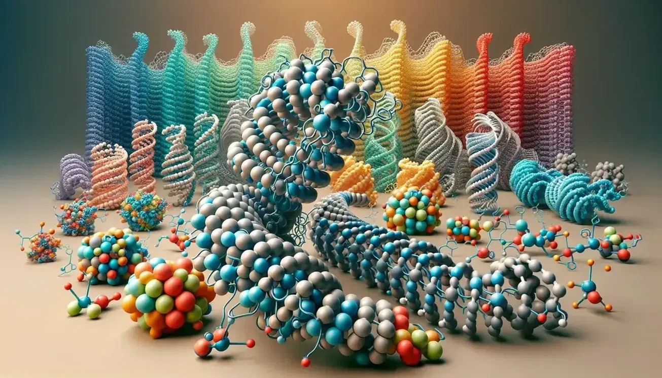 Modelos moleculares tridimensionales de proteínas con alfa hélice, lámina beta y estructura terciaria en colores variados sobre superficie neutra.