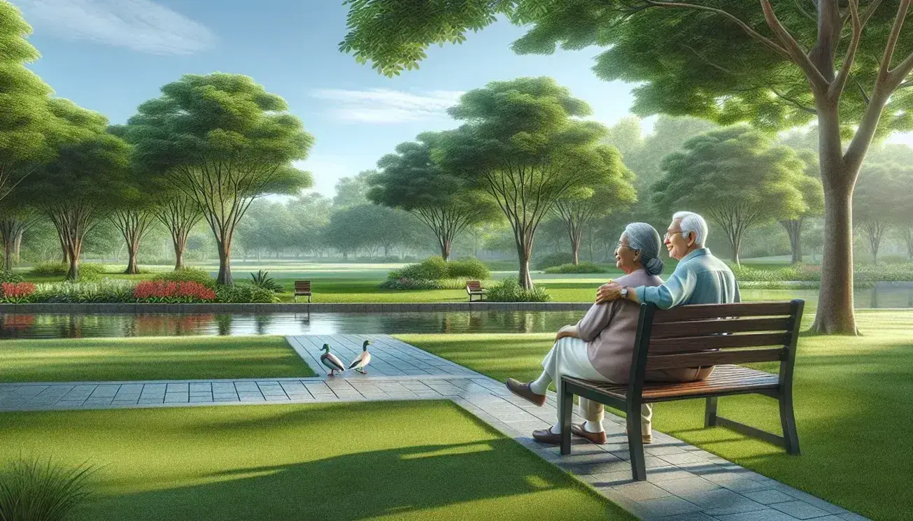 Elderly South Asian man and Hispanic woman sitting on a park bench, surrounded by lush trees, a pond with ducks, and a clear blue sky.