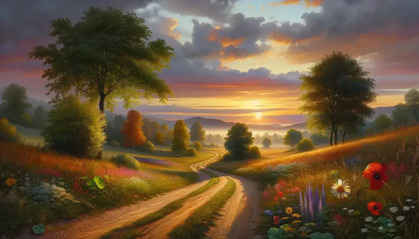 Paisaje otoñal al atardecer con camino de tierra, árboles de hojas otoñales y montaña al fondo bajo un cielo teñido de amarillo y rosa.