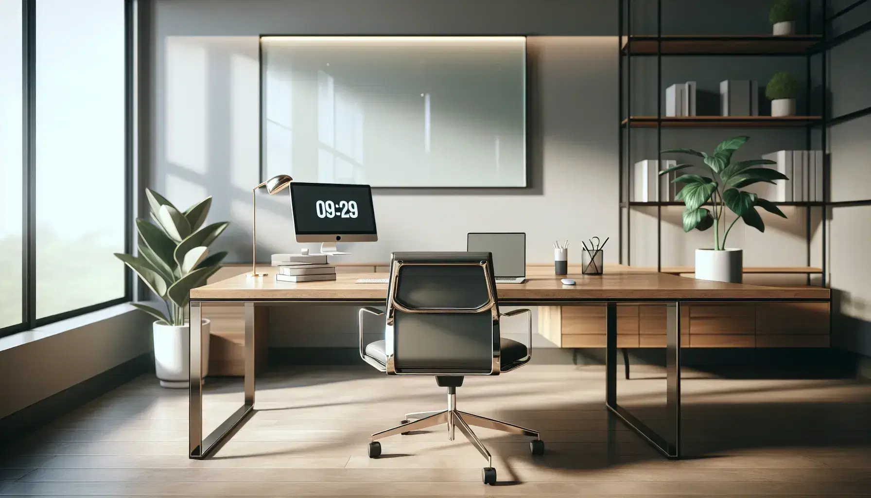 Tidy office with wooden desk, silver laptop, green plant, glass whiteboard, black leather chair and natural light.