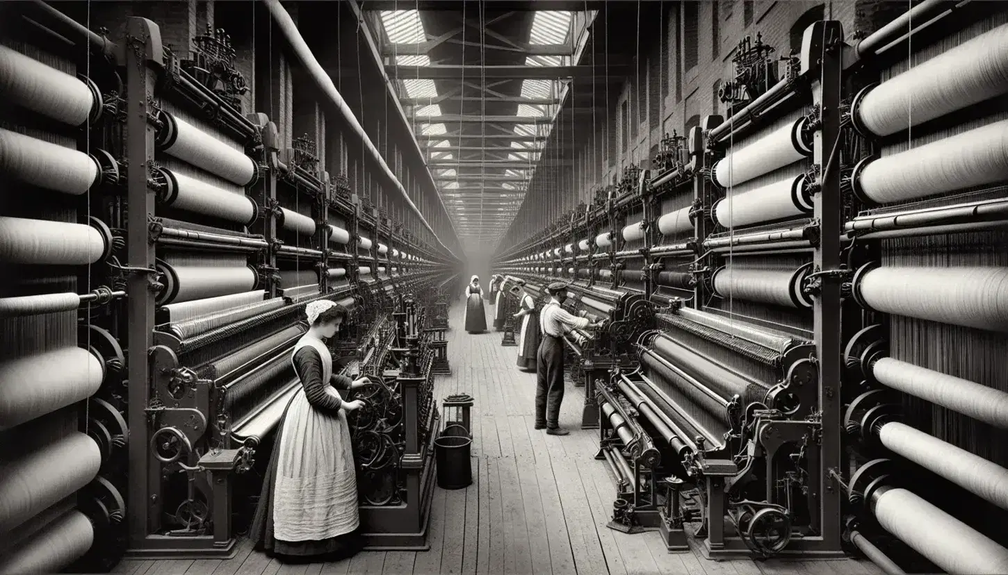 Telares metálicos en hilera con hilos en una fábrica textil de la Revolución Industrial, operados por trabajadores enfocados en sus tareas.