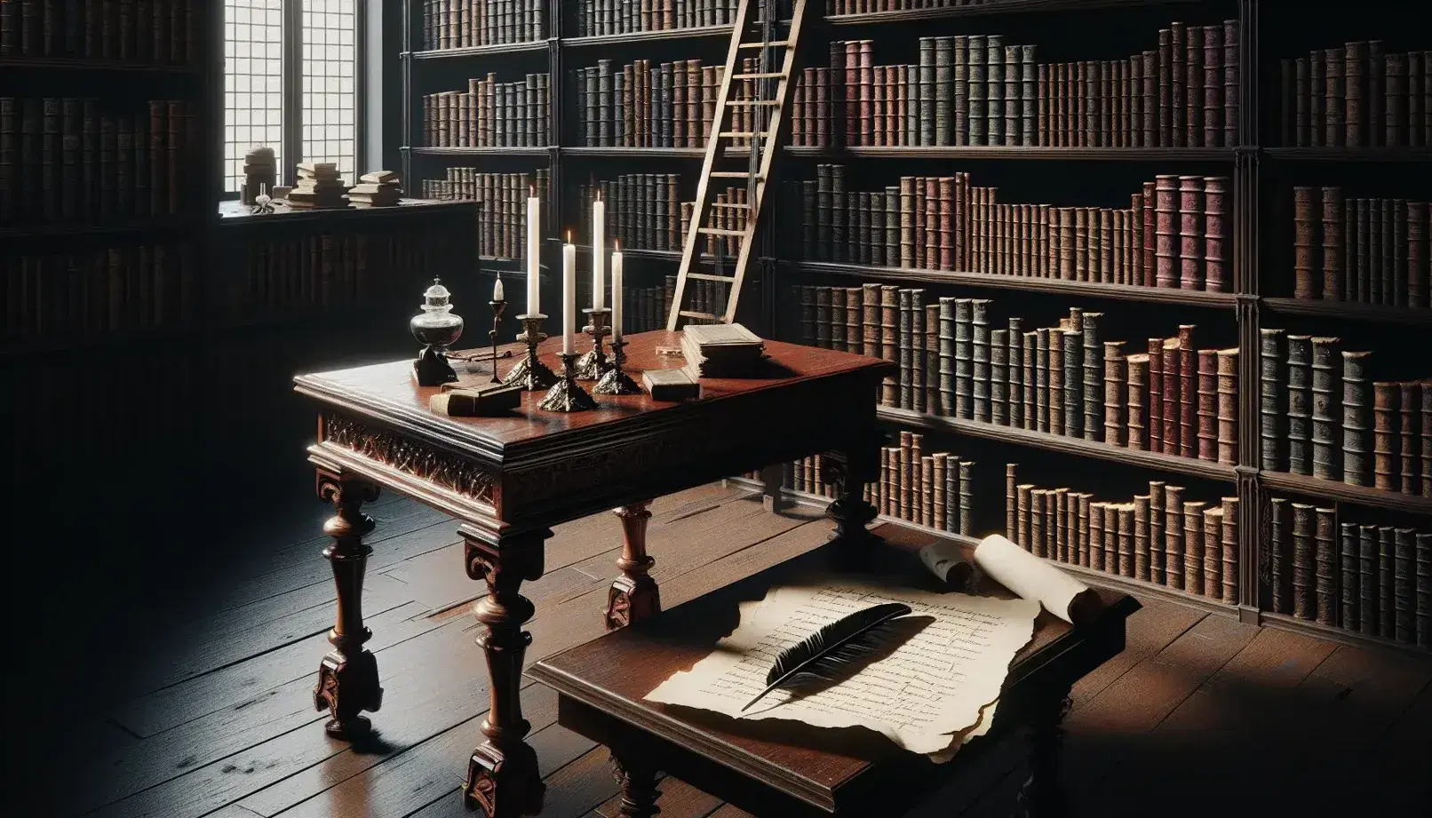 Biblioteca antigua con estantes de madera oscura llenos de libros, mesa central con candelabro y velas encendidas, pluma y tintero sobre pergamino y escalera junto a estanterías.