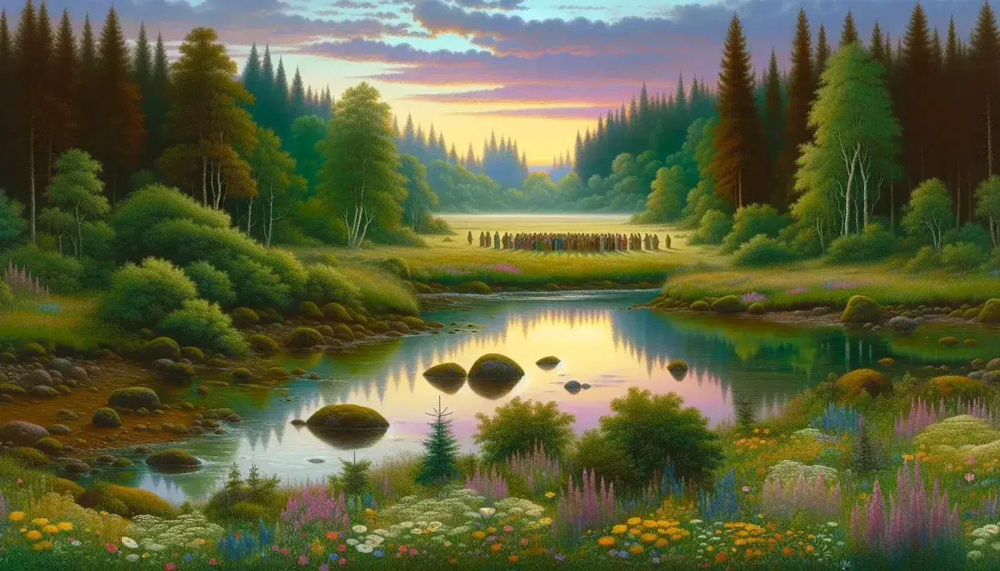 Natural landscape at dusk with green meadow, wild flowers, people in a circle, quiet river, dense forest and starry sky.