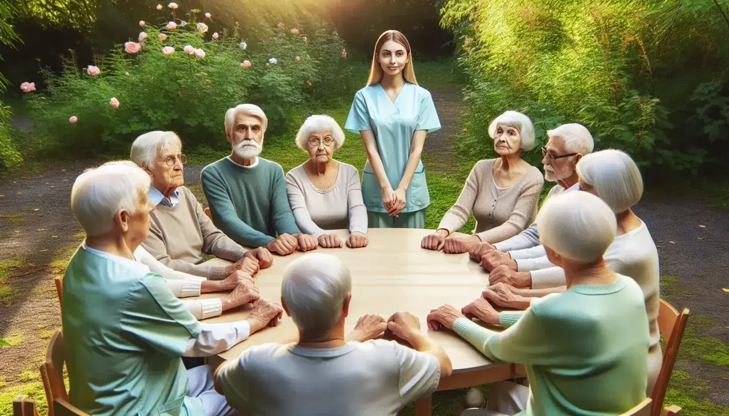 Grupo de personas mayores sentadas en semicírculo al aire libre con un joven de pie frente a ellos, manos entrelazadas sobre mesa de madera, en un entorno natural y soleado.
